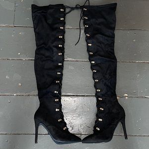 Fashion Nova black and gold thigh high heels